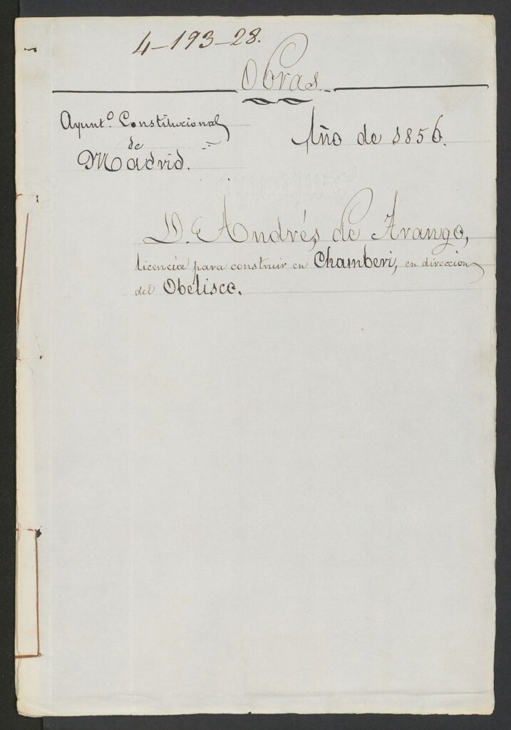 Miniatura de D. Andrés de Arango, licencia para construir en Chamberí, en dirección del Obelisco. (1856)
