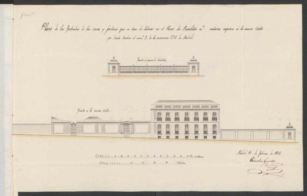 Miniatura de D. Julián Manzano en representación del Excmo. Sr. Marqués de Remisa, licencia para edificar de nueva planta una casa en el Pª de Recoletos al lado del Palacio del Excmo. D. José de Salamanca y que hace esquina a la nueva calle nº 2. (1856)