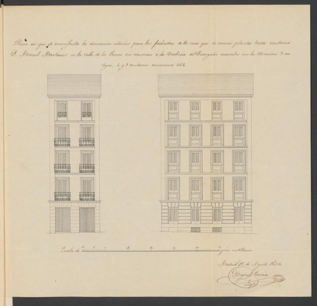 Miniatura de D. Esteban Mollera y D. Manuel Martínez, licencia para edificar de nueva planta, la casa calle de los Leones, nº 4, manzana 354, con accesorias a la Travesía del Desengaño. (1856)