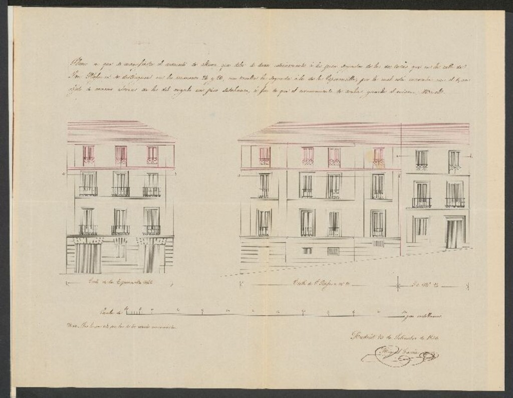 Miniatura de D. Martín Francisco de Erice, licencia para recrecer el piso 2º de la casa calle de S. Ildefonso, nº 24 y 26 haciendo sotabanco en la de la Esperancilla. (1856)