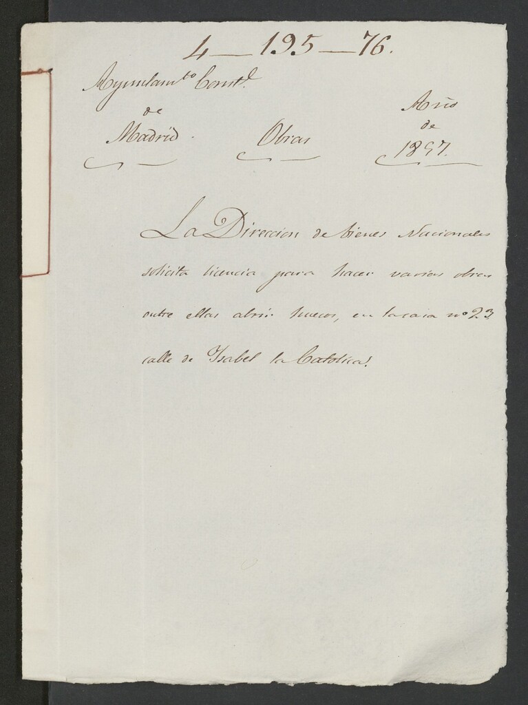 Miniatura de La Dirección de Bienes Nacionales, solicita licencia para hacer varias obras entre ellas abrir huecos, en casa nº 23 calle de Isabel la Católica. (1857)