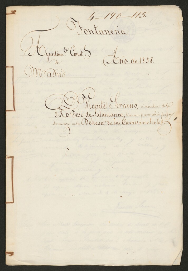Miniatura de D. Vicente Serrano, en nombre del E.S. D. José de Salamanca, licencia para abrir pozos de ensayo en la Dehesa de los Caravancheles (1858)