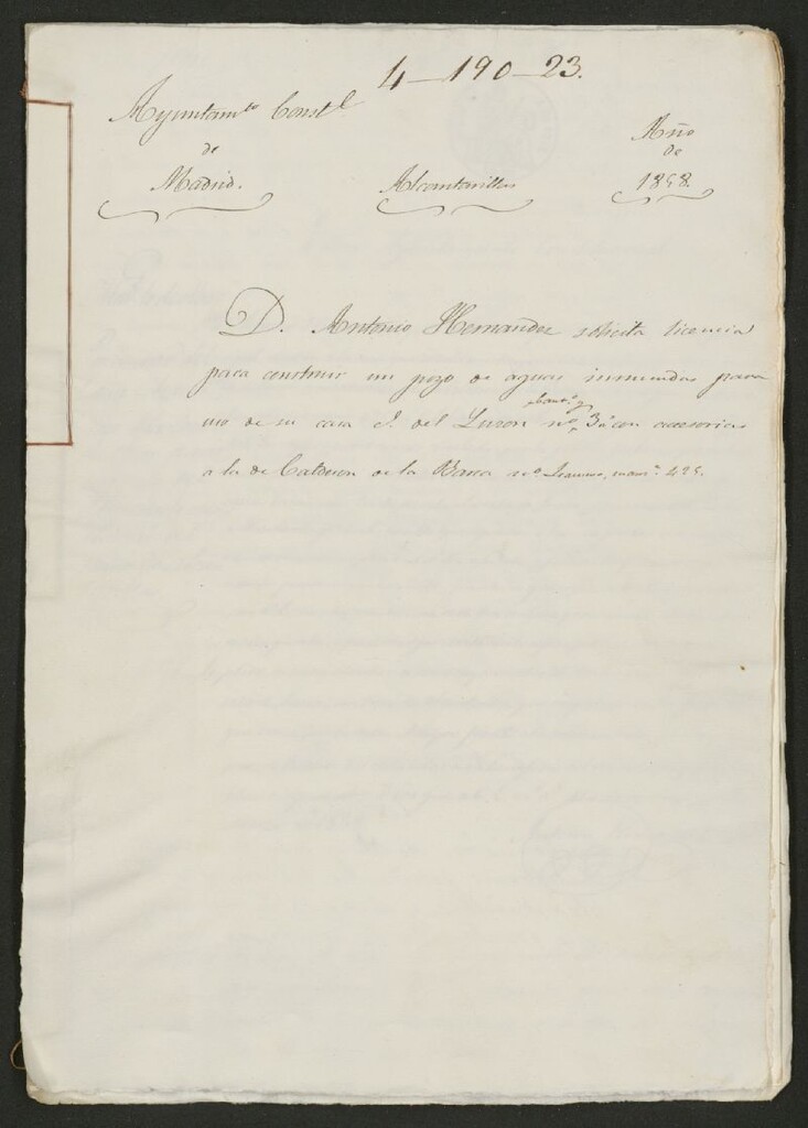 Miniatura de D. Antonio Hernández, solicita licencia para construir un piso de aguas inmundas para uno de su casa Sres. de Luzón, nº 3 con accesorias a la de Calderón de la Barca nº 4 nuevo, manzana 425. (1858)