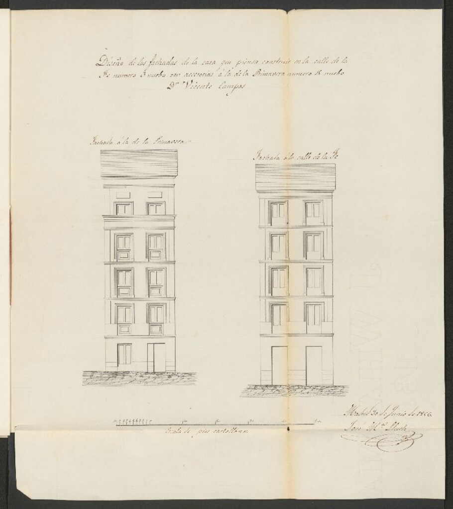 Miniatura de D. Vicente Campos, licencia para demoler y reconstruir la casa de la calle Fé nº 3 con accesorias a la de la Primavera, nº 15, manzana 33. (1856)