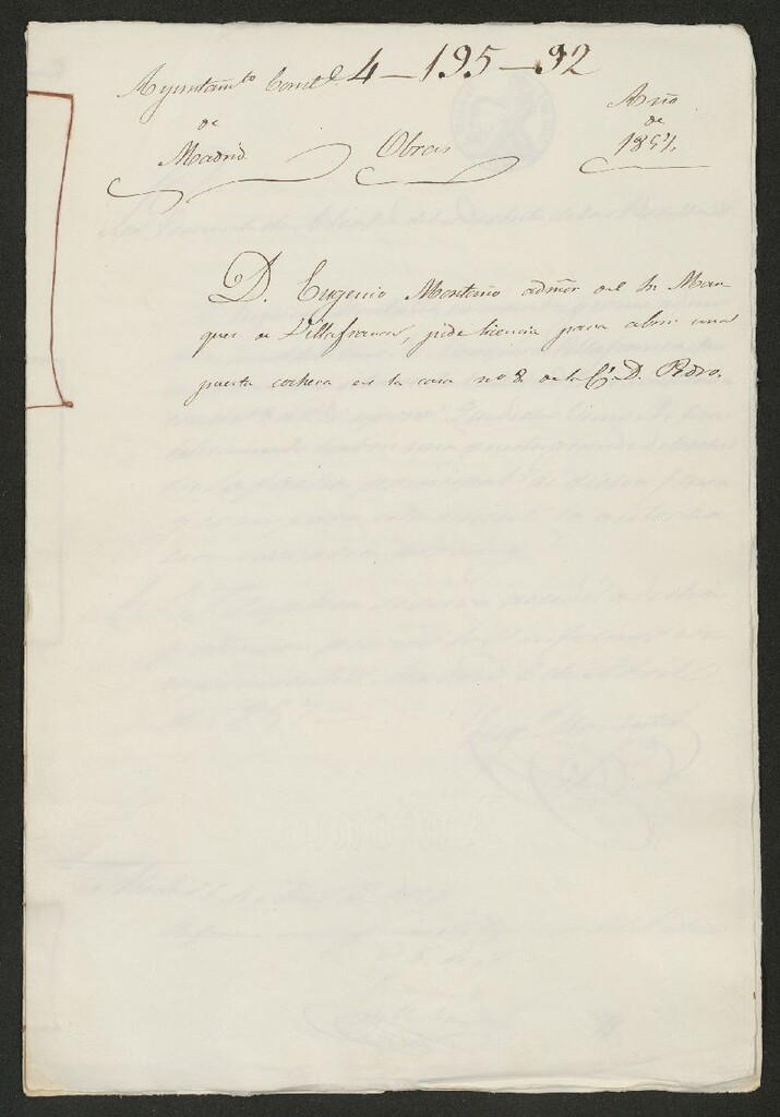 Miniatura de D. Eugenio Montaño, administrador del Sr. Marqués de Villafranca, pide licencia para abrir unas puerta cochera en la casa nº 8 de la calle D. Pedro. (1857)