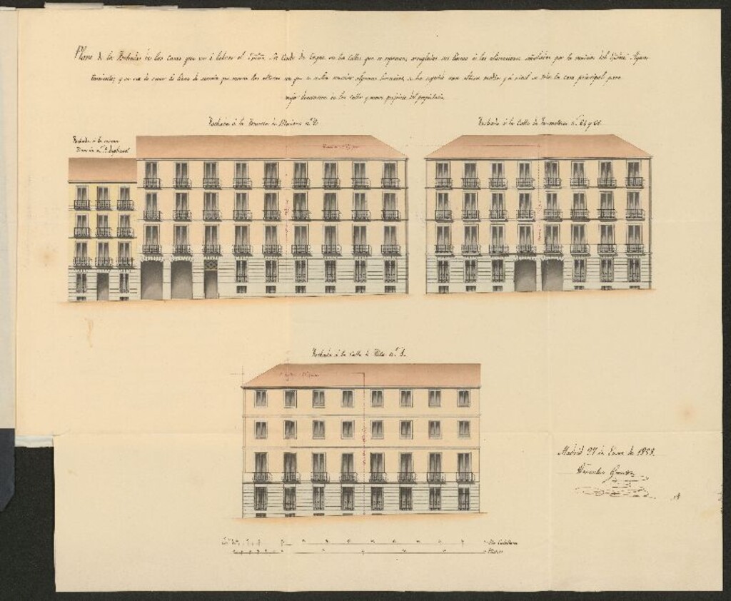 Miniatura de D. Cristóbal Trías, apoderado de E.S. Conde de Orgáz, licencia para reedificar la casa calle de Jacometrezo nº 64 y 66 con vuelta a la de Hita n1 y Travesía de Moriana, nº 2. (1857-58)