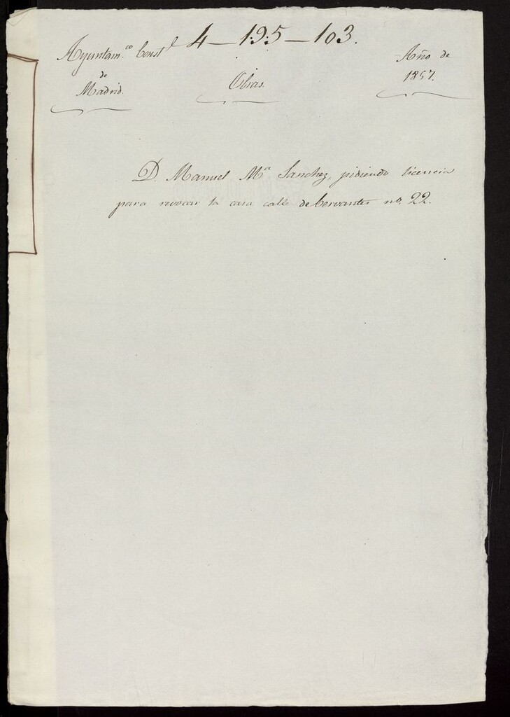 Miniatura de D. Manuel Mª Sánchez, pidiendo licencia para revocar la casa calle de Cervantes nº 22. (1857)