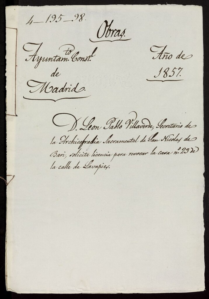 Miniatura de D. León Pablo Villaverde, Secretario de la Archicofradía Sacramental de San Nicolás de Bari, solicita licencia para revocar la casa nº 23 de la calle de Lavapiés. (1857)