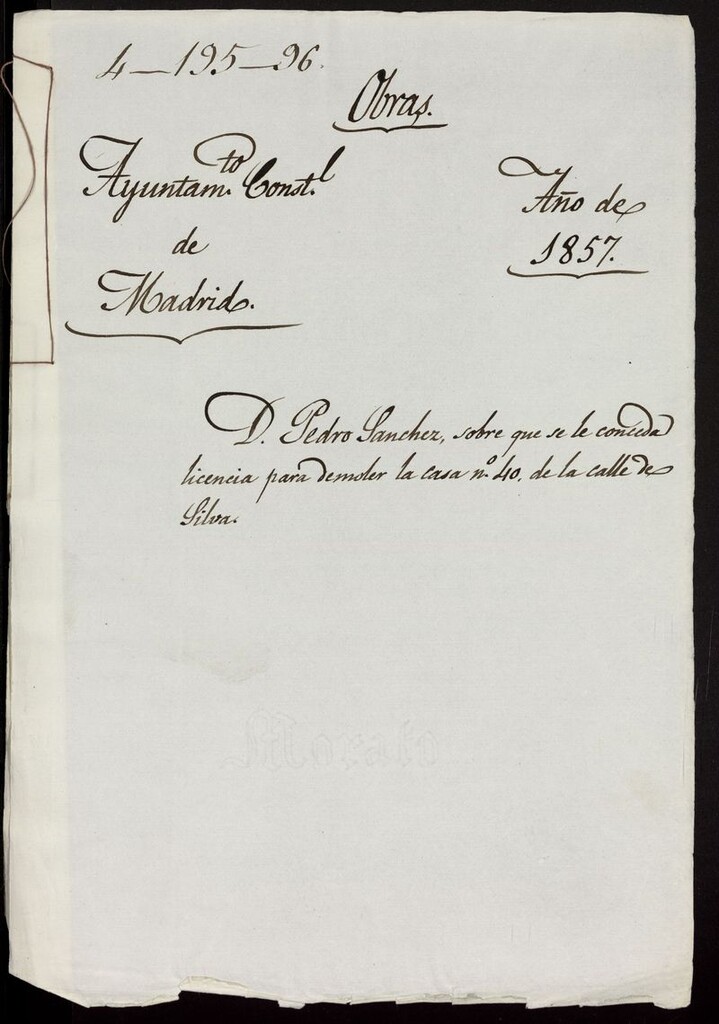 Miniatura de D. Pedro Sánchez, sobre que se le conceda licencia para demoler la casa nº 40 de la calle de Silva. (1857)