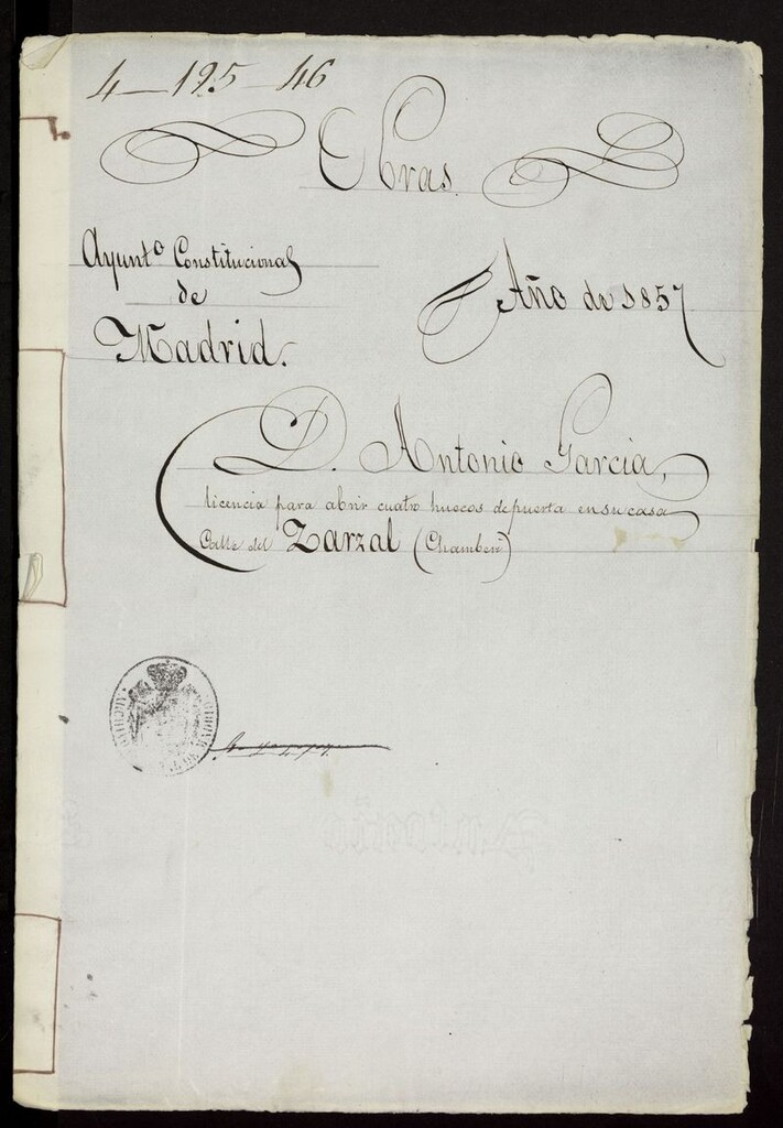 Miniatura de D. Antonio García, licencia para abrir cuatro huecos de puerta en su casa calle del Zarzal (Chamberí). (1857)
