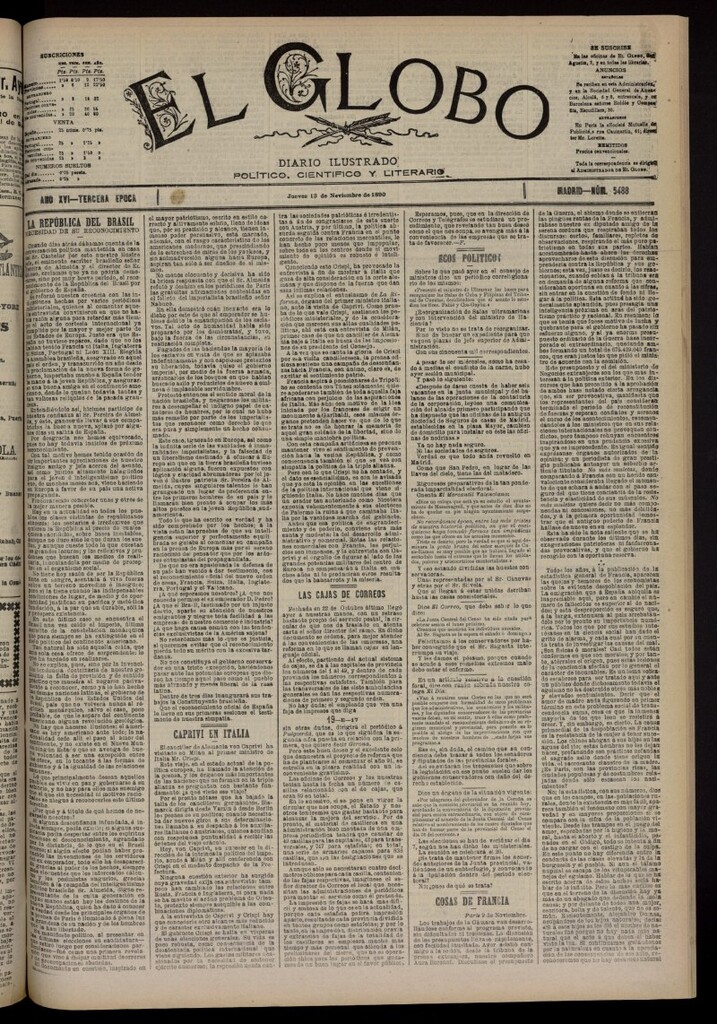Miniatura de El Globo : diario ilustrado del 13 de noviembre de 1890, nº 5488