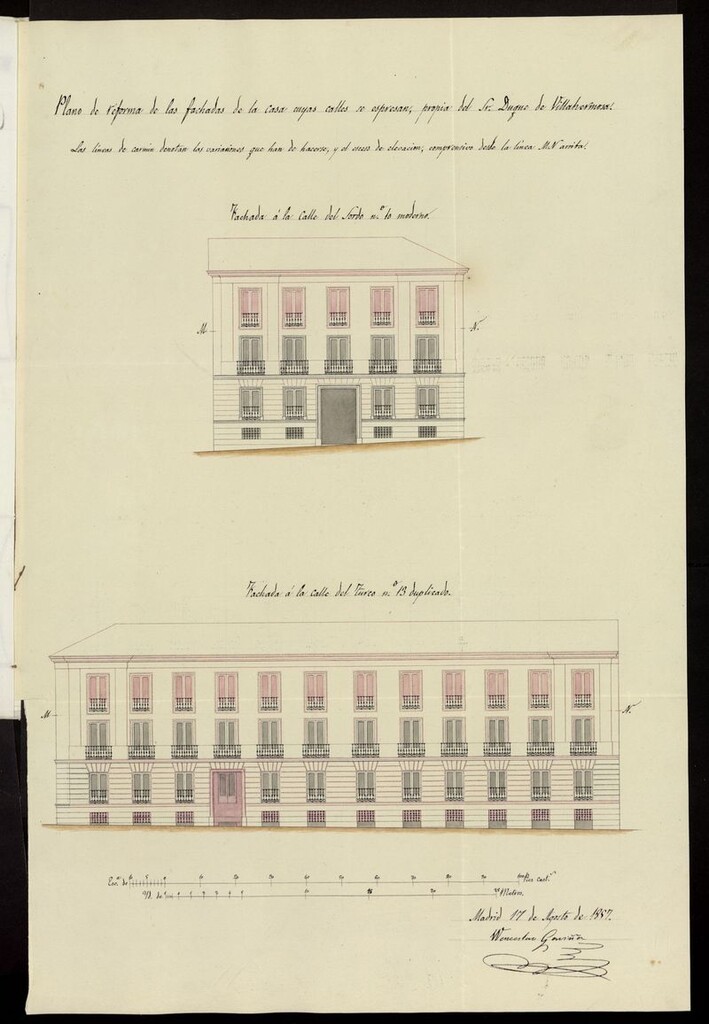 Miniatura de D. Ambrosio Travesedo, apodº. del Sr. Duque de Villahermosa, licencia para aumento de un piso y decoración de fachada  de la casa calle del Sordo nº 10 y del Turco nº 13 duplicado. (1857)