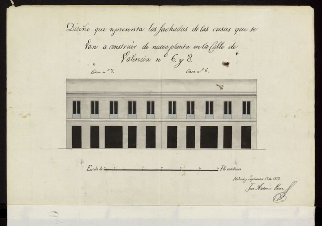 Miniatura de D. Antonio Quesada, licencia para construir tres edificios en los solares de la calle de Valencia nº 6, 8 y 10, destinando el del nº 6 a Tahona. (1857)