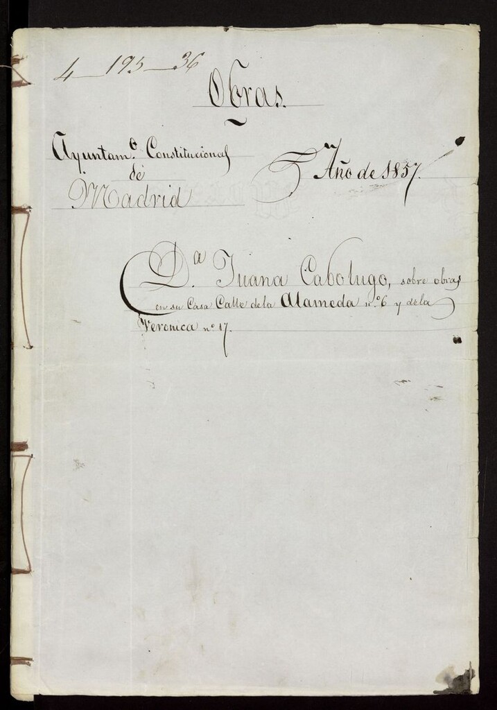 Miniatura de Dª Juana Cabolugo, sobre obras en su casa calle de la Alameda, nº 6 y de la Verónica nº 17. (1857)