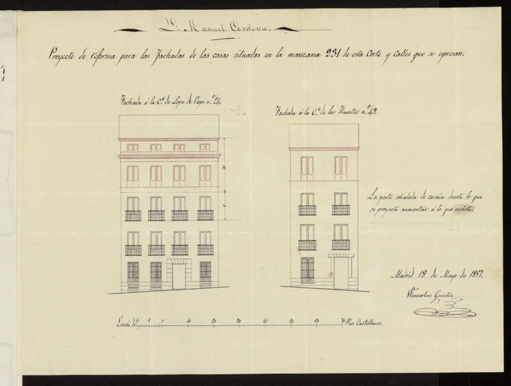 Miniatura de D. Manuel de Córdova, licencia para obras exteriores y aumento de pisos en la casa calle Lope de Vega nº 24 y de las Huertas nº 49. (1857)