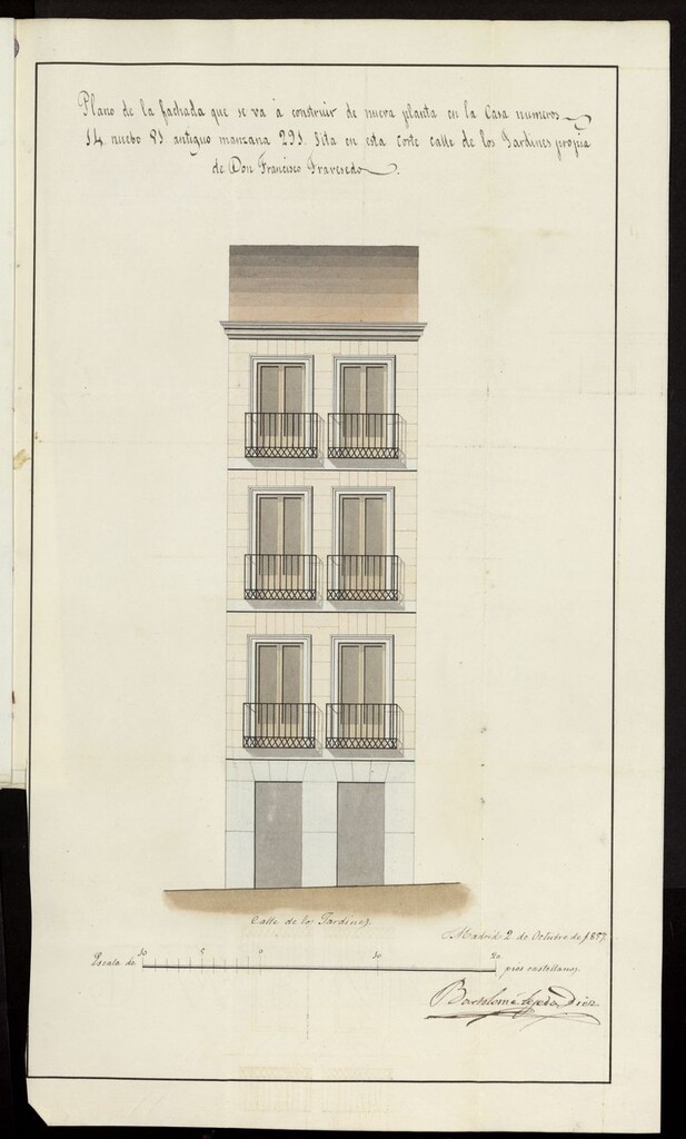 Miniatura de D. Francisco de Travesedo, licencia para construir de nueva planta la fachada de la casa calle de Jardines nº 14. (1857)