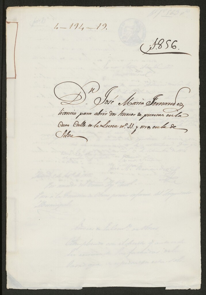 Miniatura de D. José María Fernández, licencia para abrir dos huecos de puertas en la casa calle de la Luna nº 11 y otro en la de Silva. (1856)