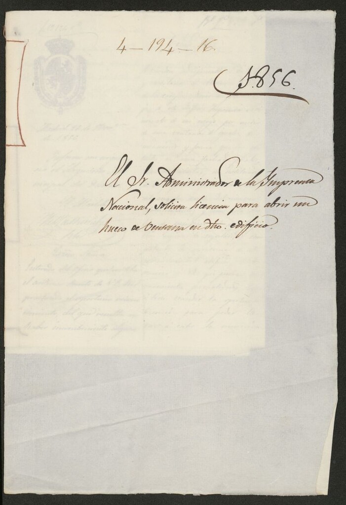 Miniatura de El Sr. administrador de la Imprenta Nacional, solicita licencia para abrir un hueco de ventana en otro edificio. (1856)