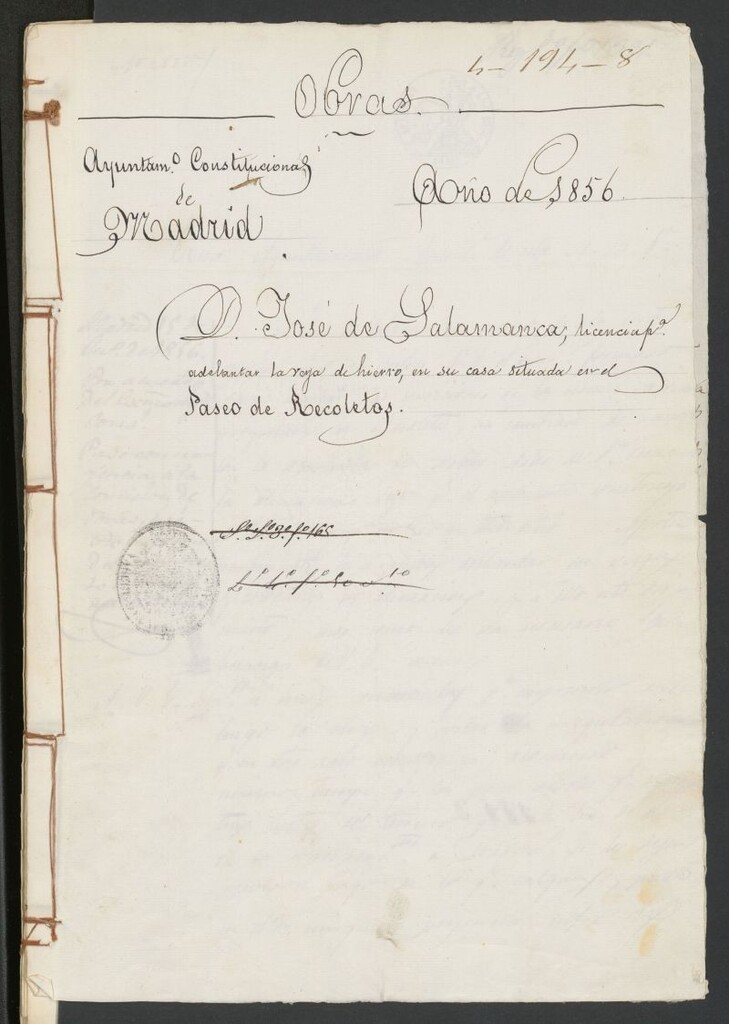 Miniatura de D. José de Salamanca, licencia para adelantar la reja de hierro, en su casa situada en Paseo de Recoletos. (1856)