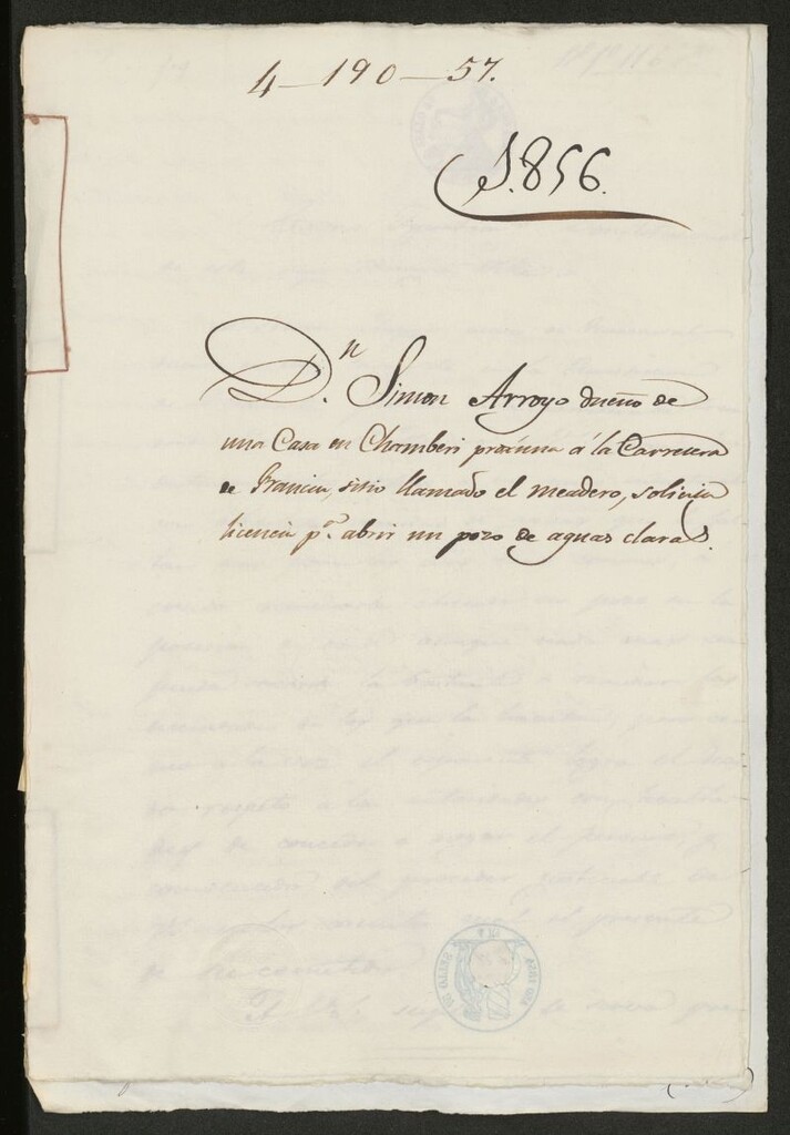 Miniatura de D. Simón Arroyo, dueño de una casa en Chamberí próxima a la carretera de Francia, sitio llamado el meadero, solicita licencia para abrir un pozo de aguas claras.  (1856)