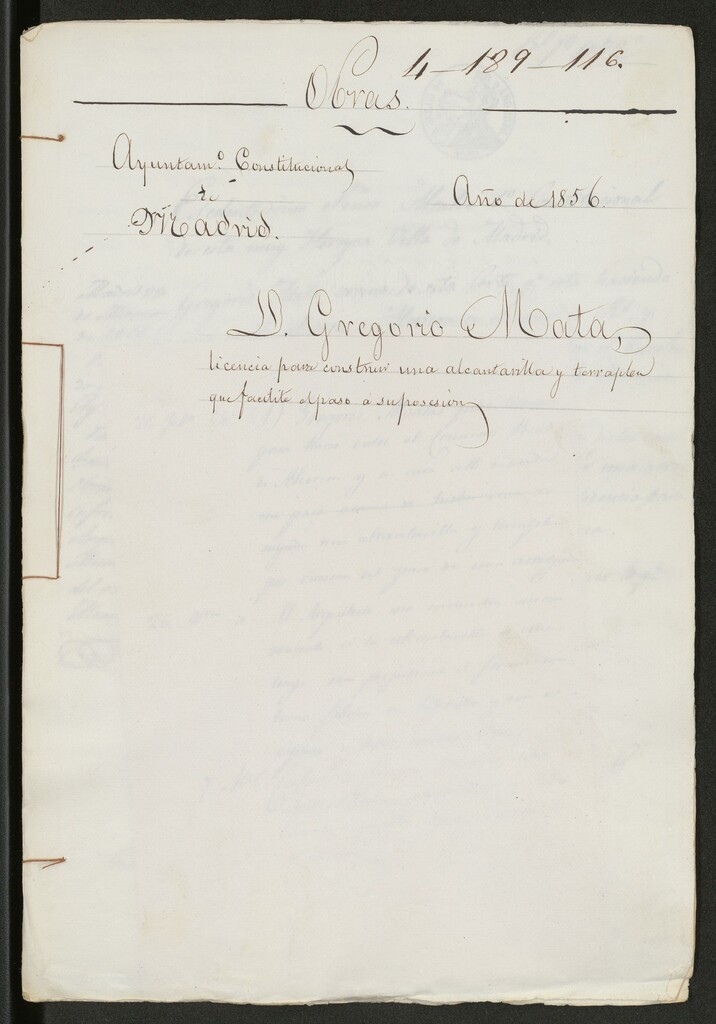 Miniatura de D. Gregorio Mata, licencia para construir una alcantarilla y terraplén que facilite paso su posesión. (1856)