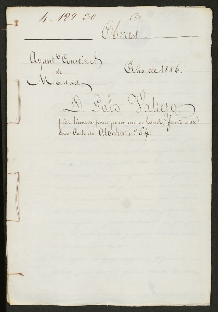 Miniatura de D. Galo Vallejo, pide licencia para poner un enlosado, frenta a su casa calle de Atocha, nº 64. (1856)