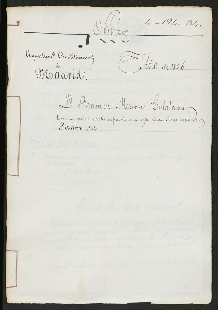 Miniatura de Don Ramón María Calatrava licencia para convertir en puerta, una reja de su casa calle de Pizarro nº12