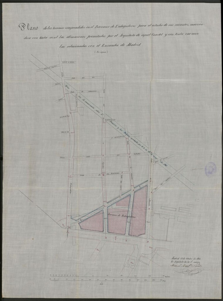 Miniatura de D. Vicente Bayo, pide se le marque la alineación para cercar el solar de la calle de Valencia, nº14 con vuelta al Barranco de Embajadores. (1857)