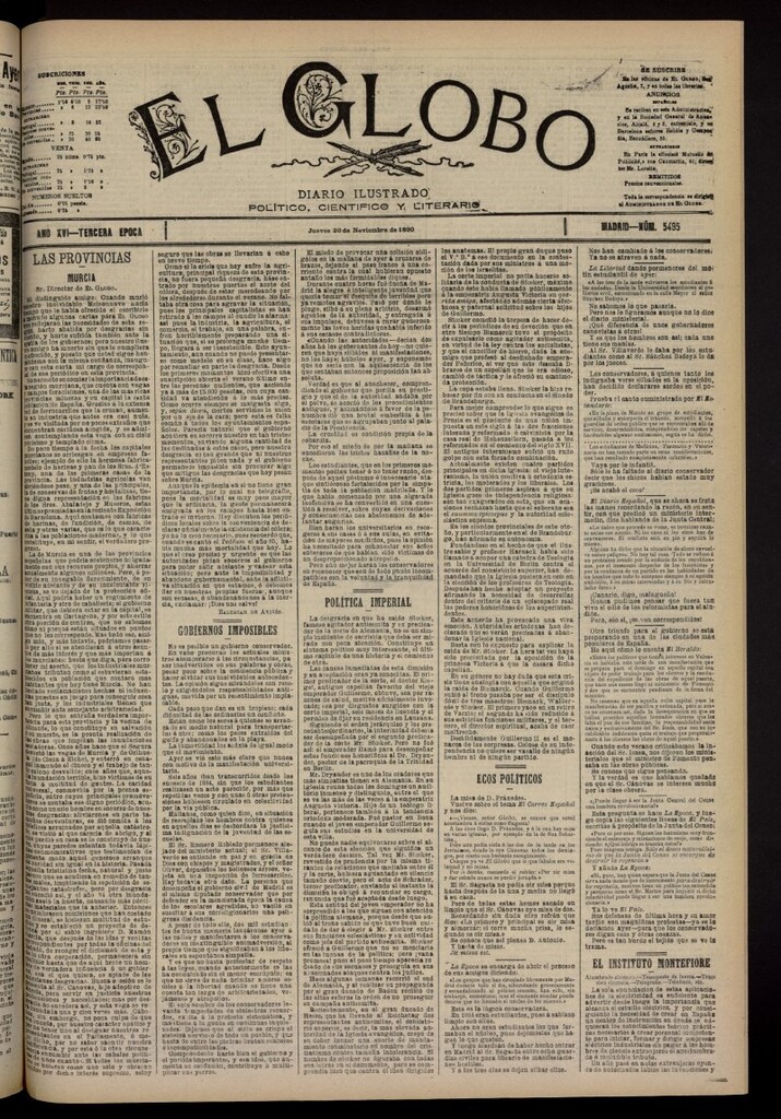 Miniatura de El Globo : diario ilustrado del 20 de noviembre de 1890, nº 5495