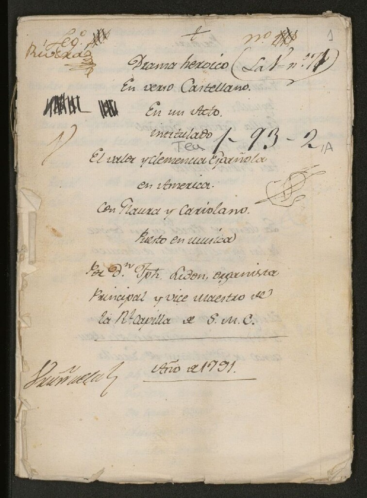 Miniatura de Drama heroico En verso Castellano En un Acto intitulado El valor y clemencia Española en América con Glaura y Coriolano