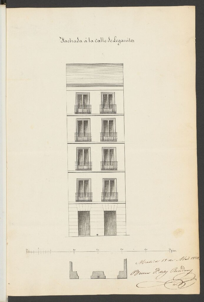 Miniatura de D. Juan Cornejo, a nombre de D. Pedro Sierra, licencia para construir de nueva planta la casa calle de Leganitos, nº 26 con accesorias a la de la Flor Baja nº 15, manzana 522. (1858).