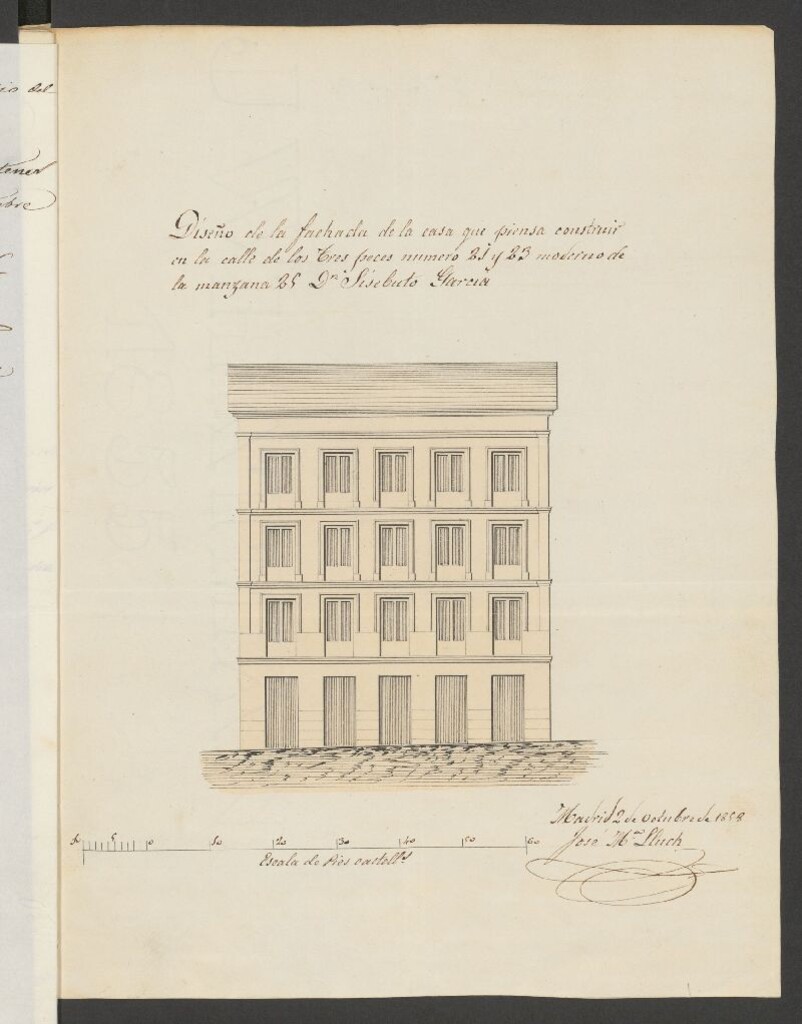 Miniatura de D. Sisebuto García, licencia para construir de nueva planta la casa calle de Los Tres Peces, nº 21 y 23, manzana 25. (1858)