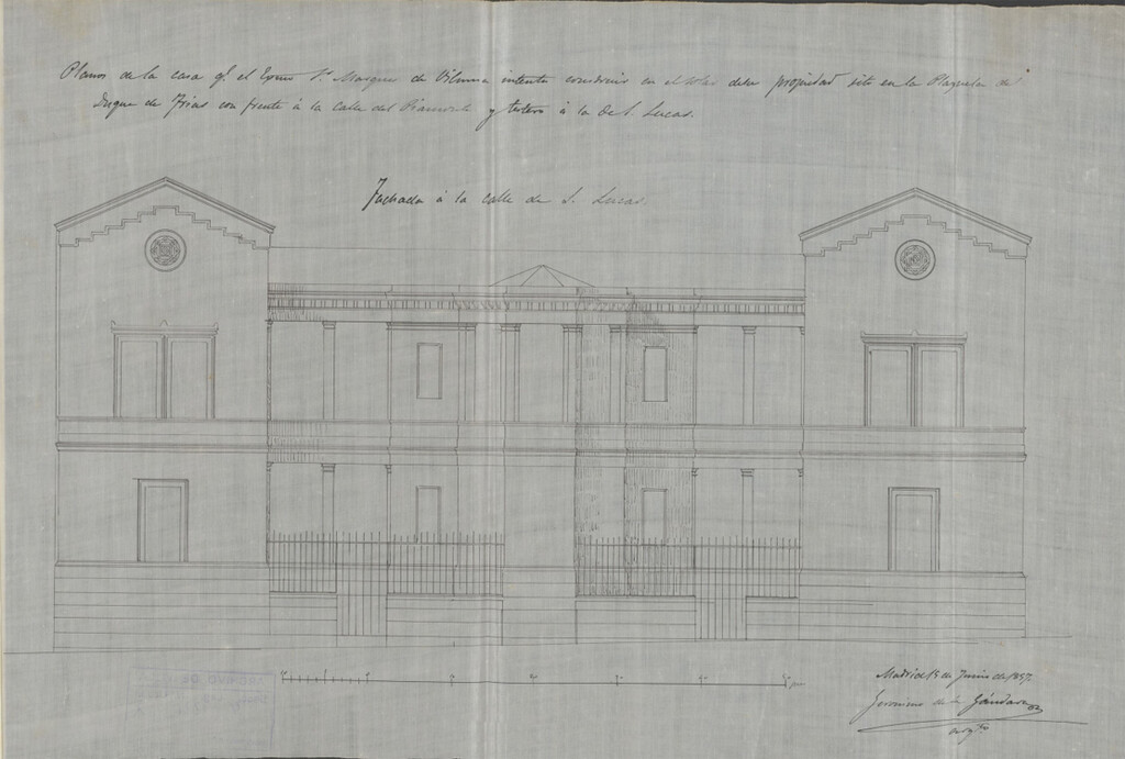 Miniatura de D. Francisco José de la Gándara, en nombre del E.S. Marqués de Viluma, licencia de construcción en las calle de Góngora, Piamonte y S. Lucas.