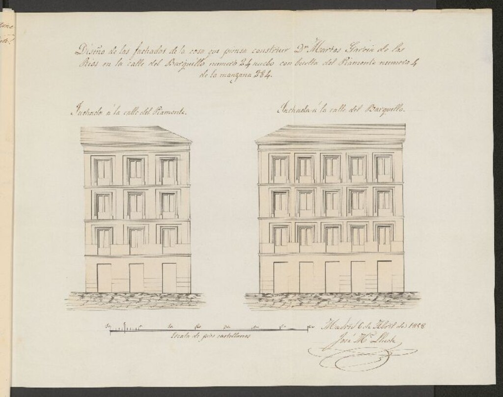 Miniatura de D. Marcos García de los Ríos, licencia para construir de nueva planta la casa calle del Barquillo, nº 24 con vuelta a la del Piamonte nº 4, manzana 284. (1858)