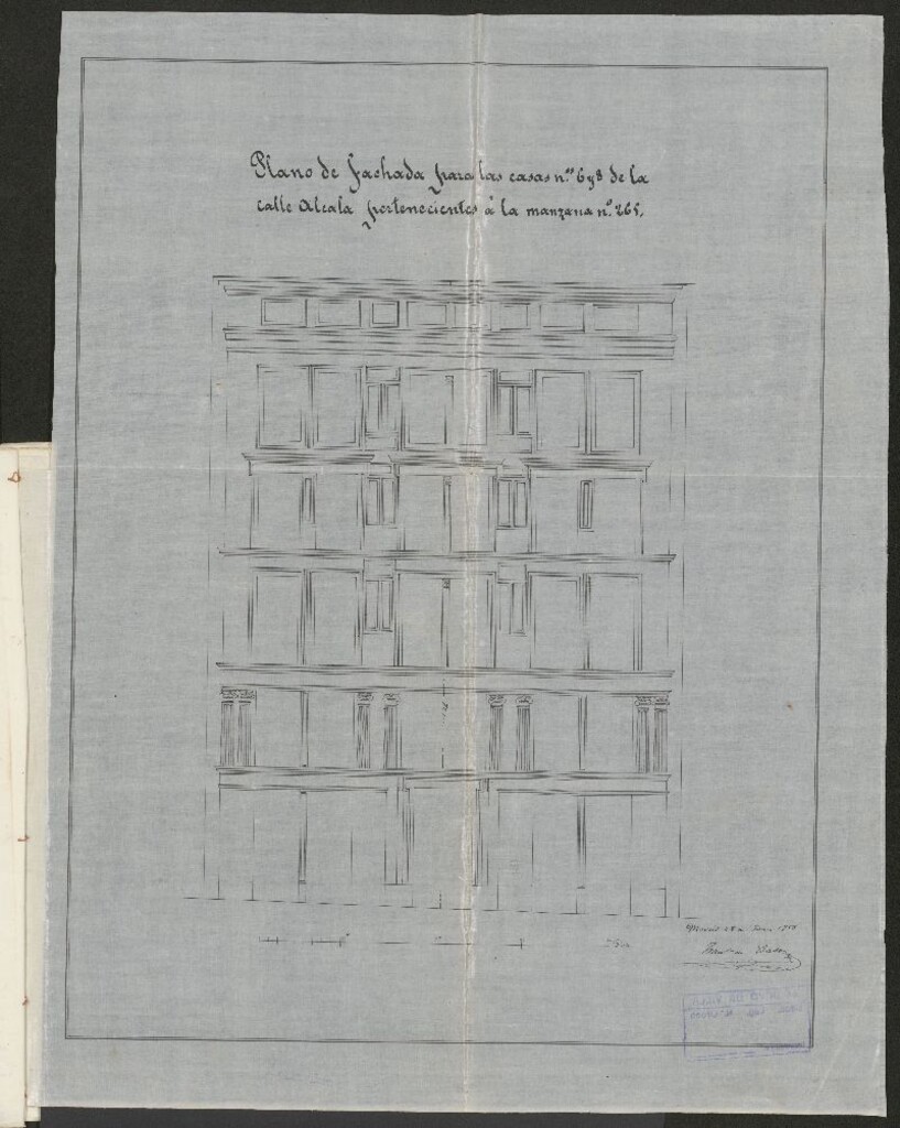 Miniatura de D Estanislao de Urquijo, licencia para prolongar hasta la de Alcalá la de la victoria, y para correr a un nivel la altura de sus casas calle de Alcalá, nº 6 y 8 y Carrera de S. Jerónimo 5, 7 y 9. (1858)
