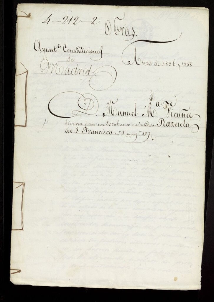 Miniatura de D. Manuel Mª Vicuña, licencia para un sotabanco en la casa Plazuela de S. Francisco nº 3, manzana 123. (1856-57)