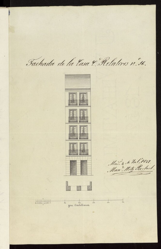 Miniatura de Ildefonso Pérez, a nombre de D. Joaquín Iriarte, licencia para construir de nueva planta, la casa calle de los Relatores nº 16. (1856-57)
