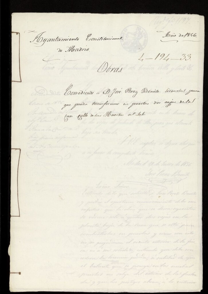 Miniatura de Concediendo a D. José Pérez Benito, licencias para que pueda transformar en puertas dos rejas de la casa calle de las Huertas nº 44 (1856)