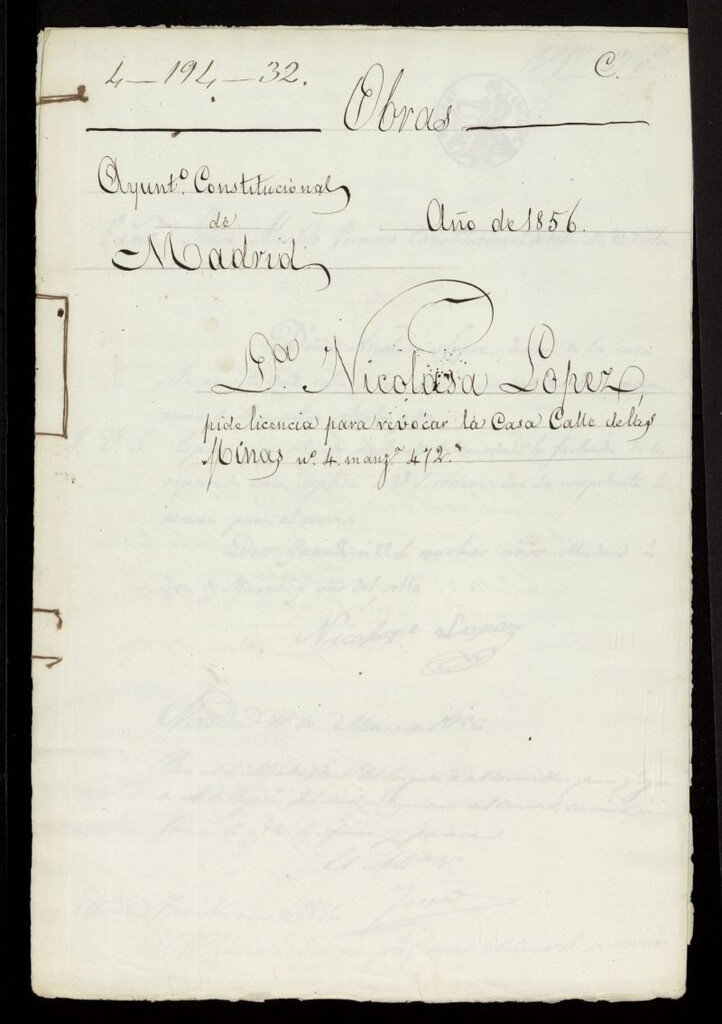 Miniatura de Dª. Nicolasa López, pide licencia para revocar la casa calle de las Minas nº 4 manzana 472. (1856)