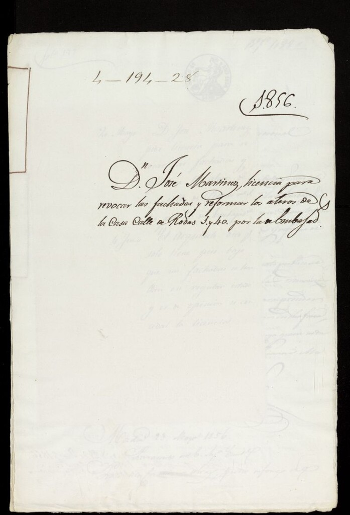 Miniatura de D. José Martínez, licencia para revocar las fachadas y reformar los aleros de la casa calle de rodas 1 y 40 por la de Embajadores. (1856)