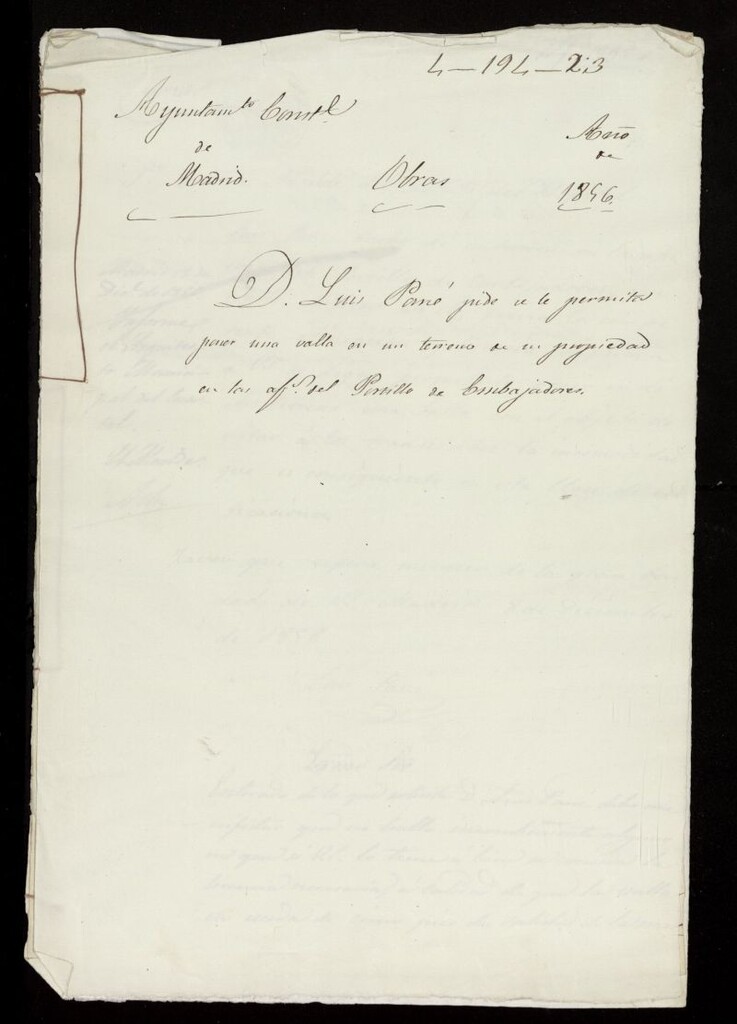 Miniatura de D. Luis Pané , pide se le permita poner una valla en un terrero de su propiedad en las afueras del Portillo de Embajadores. (1856)