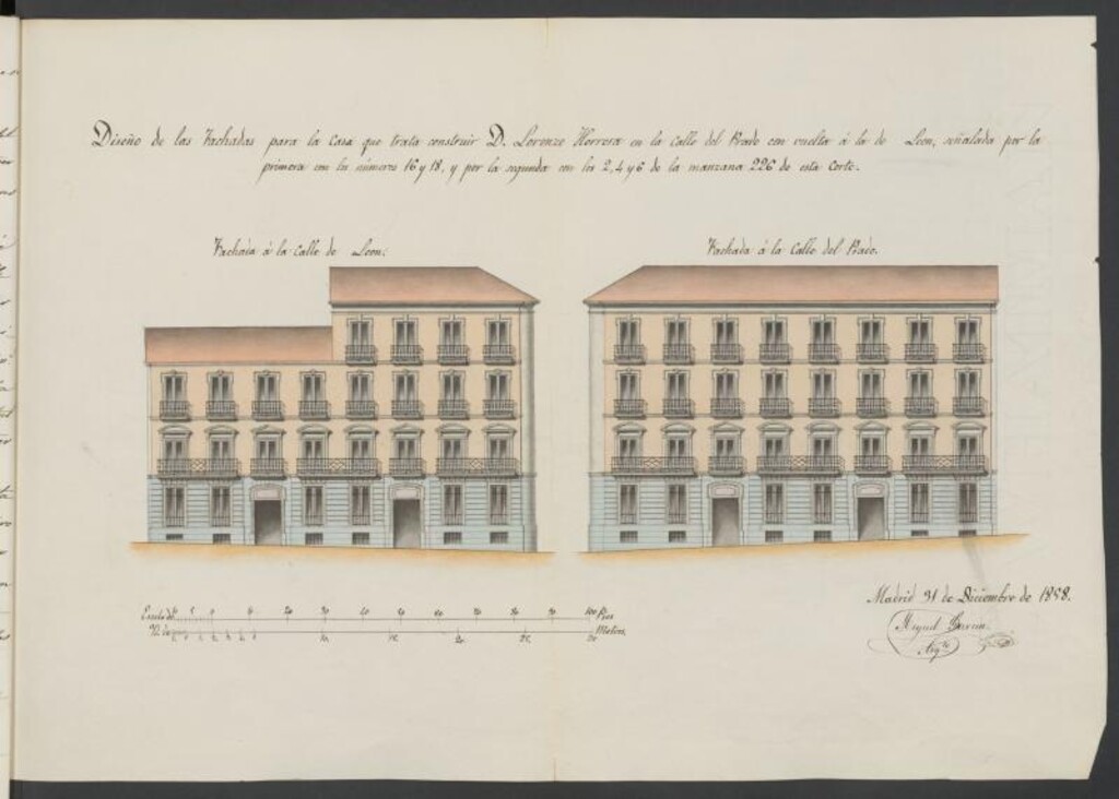 Miniatura de D. Lorenzo Herrera, sobre edificación de nueva planta de la casa calle del Prado nº 16 y 18, con vuelta a la del león nº 2, 4 y 6, manzana 226. (1858-59)