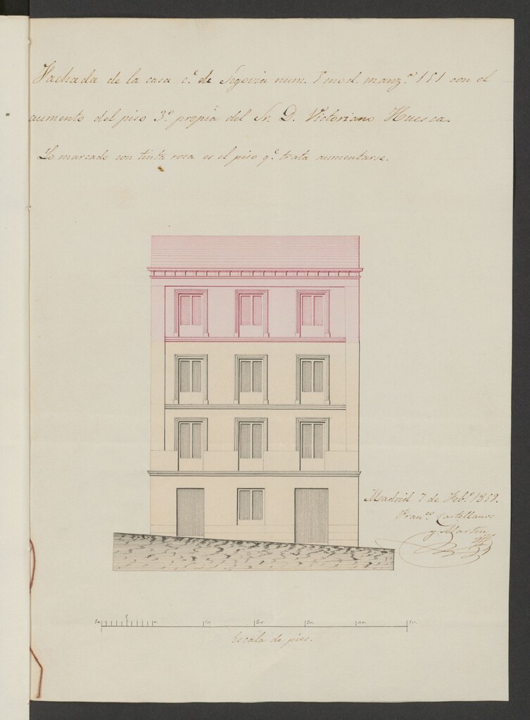Miniatura de D. Victoriano Huesca, licencia para aumentar piso 3º en su casa calle de Segovia nº 5. (1858-59)