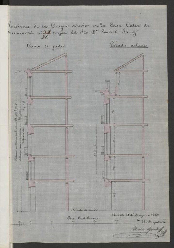Miniatura de D. Evaristo Saínz, solicitando se le permita elevar su casa calle de Fuencarral nº 31, con accesorias a la de S. Onofre, en la forma que marca el plano. (1859)
