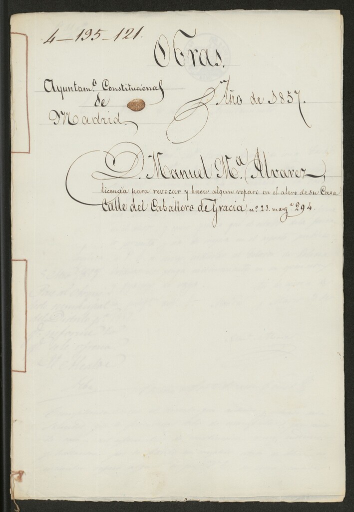 Miniatura de D. Manuel Mª Álvarez, licencia para revocar y hacer algún reparo en alero de su casa calle Caballero de Gracia nº 23, manzana 294