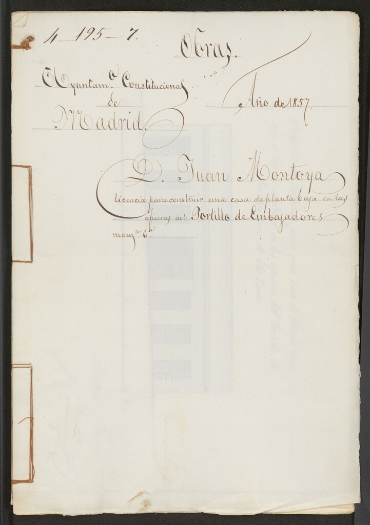 Miniatura de D. Juan Montoya, licencia para construir una casa de planta baja en las afueras del Portillo de Embajadores, manzana 6
