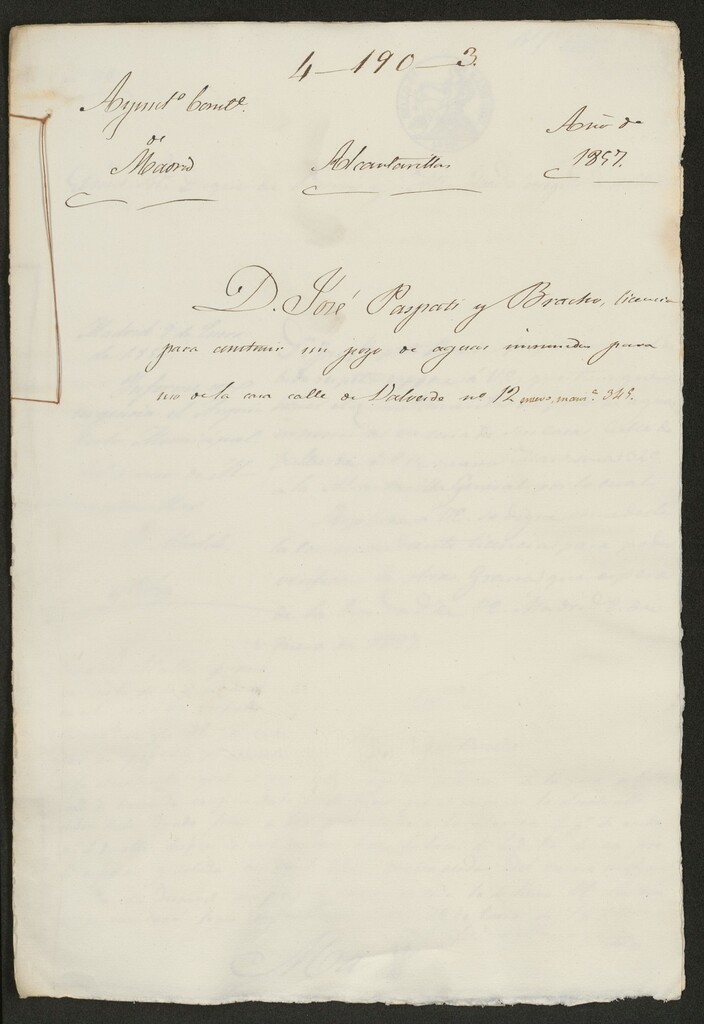 Miniatura de D. José Paspati y Bracho, licencia para construir un pozo de aguas inmundas para uso de la casa calle de Valverde nº 12 nuevo, manzana 345.