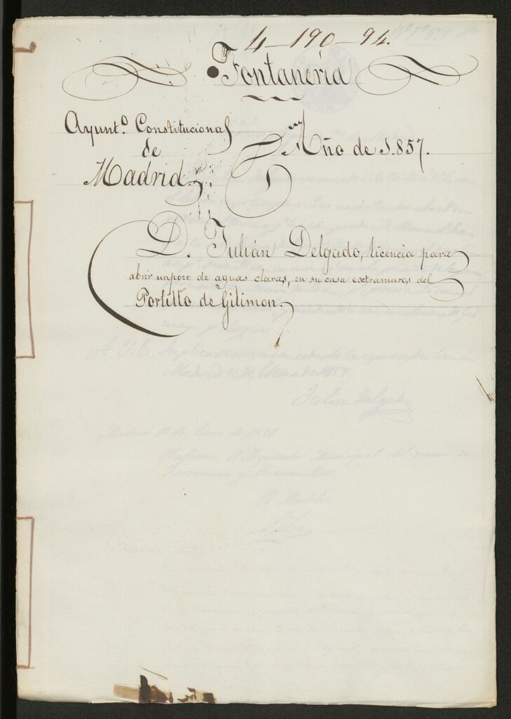 Miniatura de D. Julián Delgado, licencia para abrir un pozo de aguas claras, en su casa extramuros del Portillo de Gilimón. (1857)