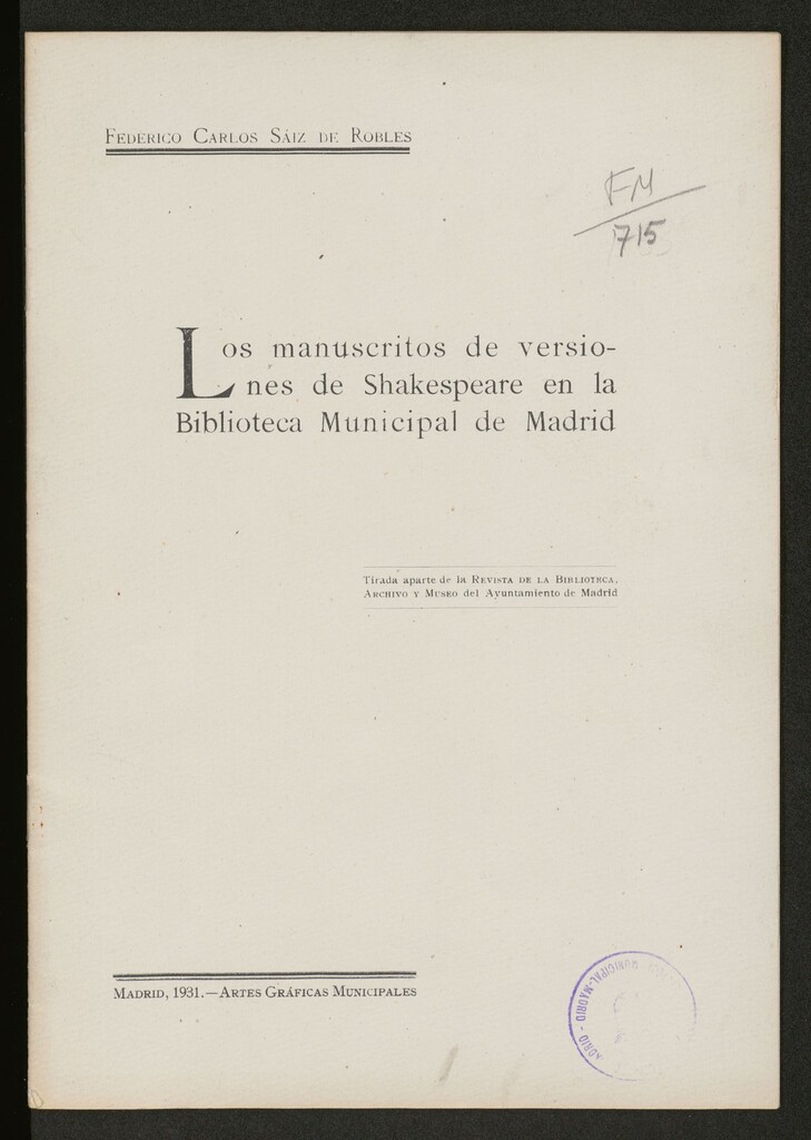 Miniatura de Los manuscritos de versiones de Shakespeare en la Biblioteca Municipal de Madrid