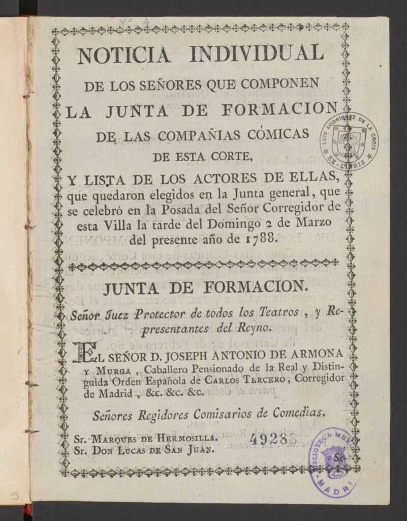 Miniatura de Noticia individual de los señores que componen la Junta de formacion de las compañias comicas de esta Corte, y lista de los actores de ellas, que quedaron elegidos en la Junta general que se celebró en la Posada del Señor Corregidor de esta villa la tarde del domingo 2 de Marzo del presente año de 1788